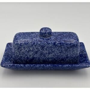Rowe Pottery Blue Spongeware Butter Dish Covered Stoneware USA ARA Fatmhouse